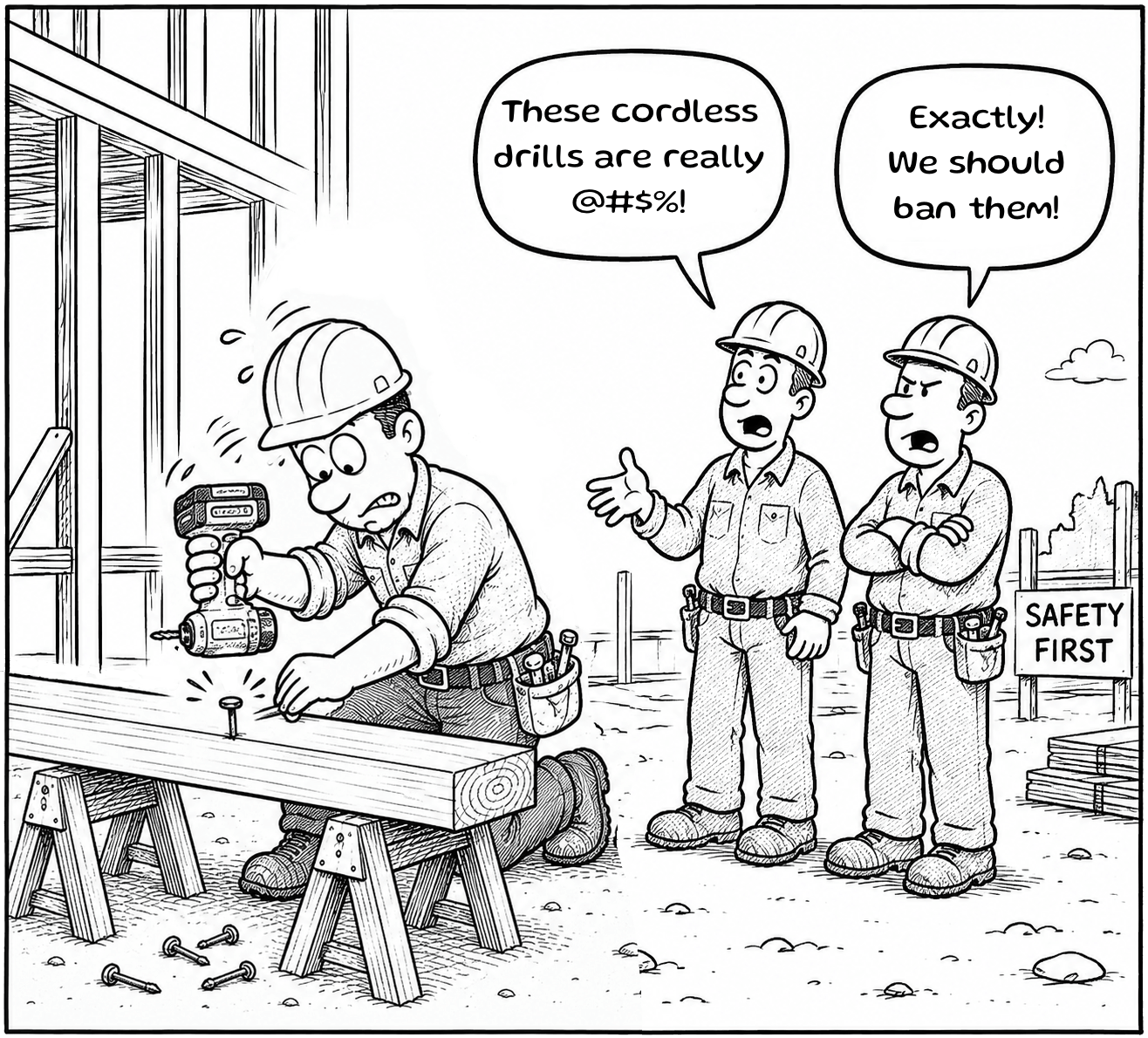 Comic strip: a construction worker kneels at a sawhorse struggling to drive a nail with a cordless drill, muttering. Two colleagues nearby overhear him complain 'These cordless drills are really @#$%!' and reply 'Exactly! We should ban them!'